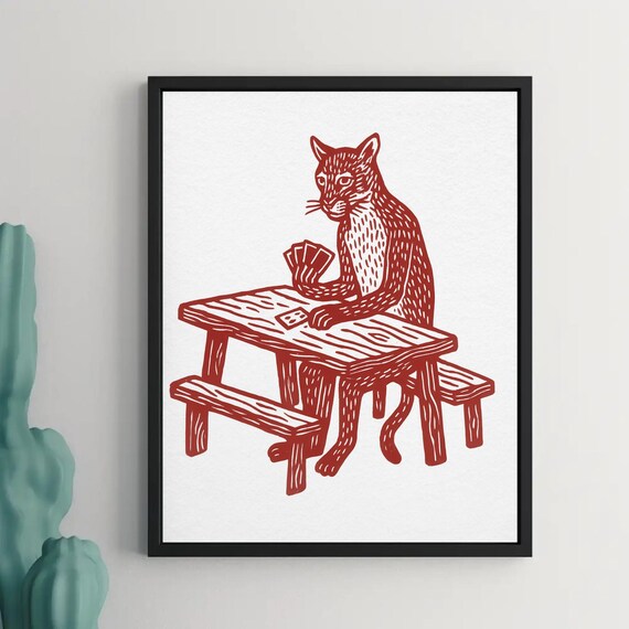 Mountain Lion Playing Cards Red Line Art Whimsical Fun Poster