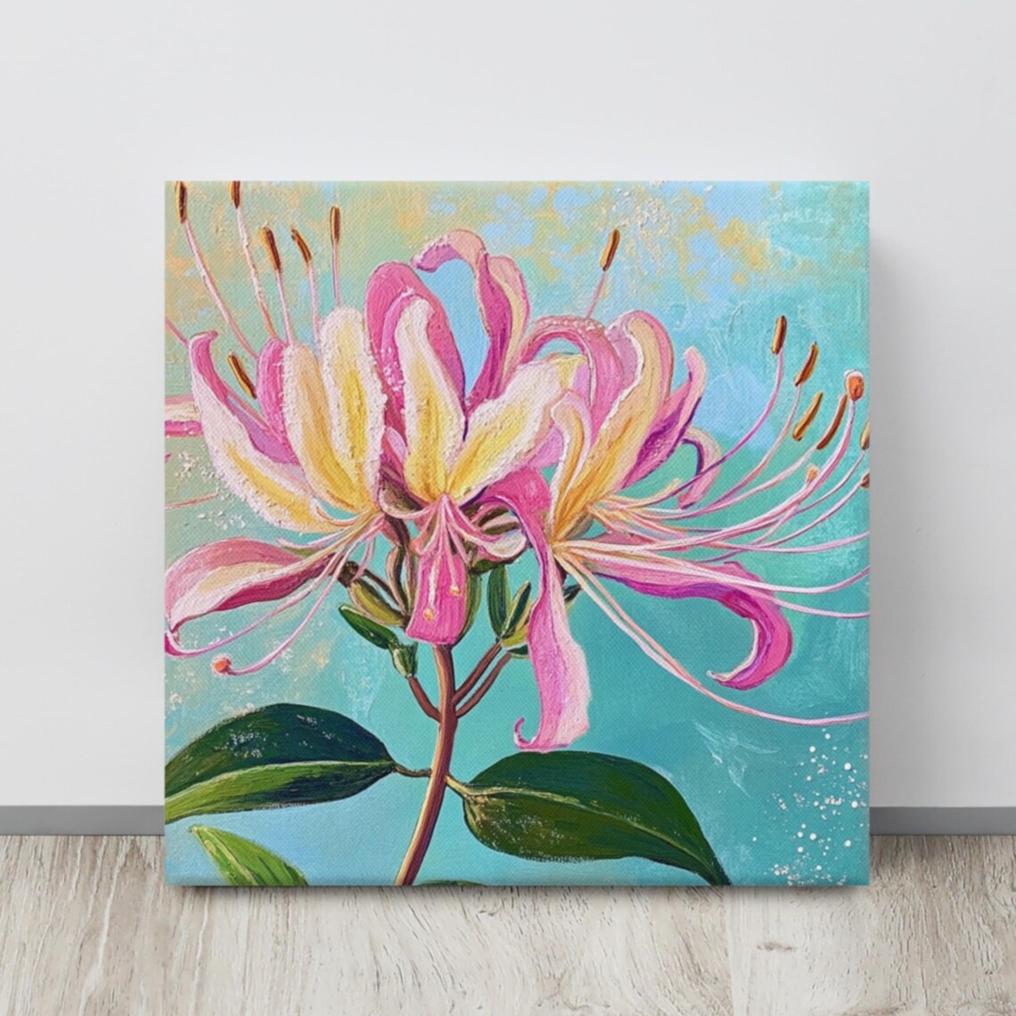 Pink Yellow Honeysuckle Blooms Teal Background Oil Painting Poster