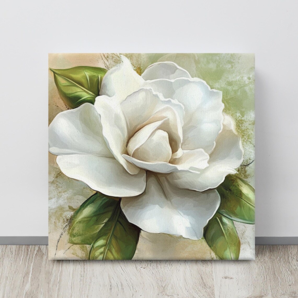 White Gardenia Bloom Green Leaves Sage Background Floral Poster