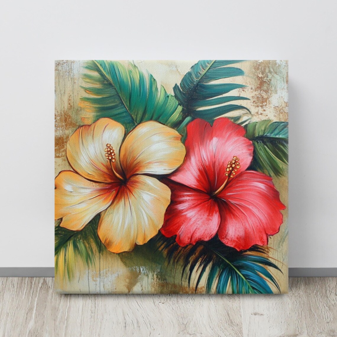 Tropical Hibiscus Red Yellow Flowers Palm Leaves Painting Poster