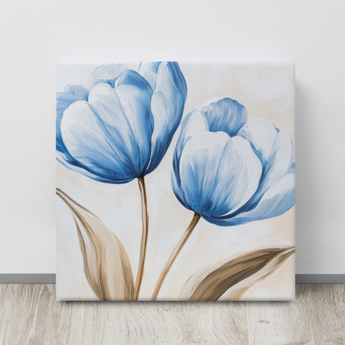 Blue Tulips Trio Minimal Painterly Floral Canvas Art Wall Poster