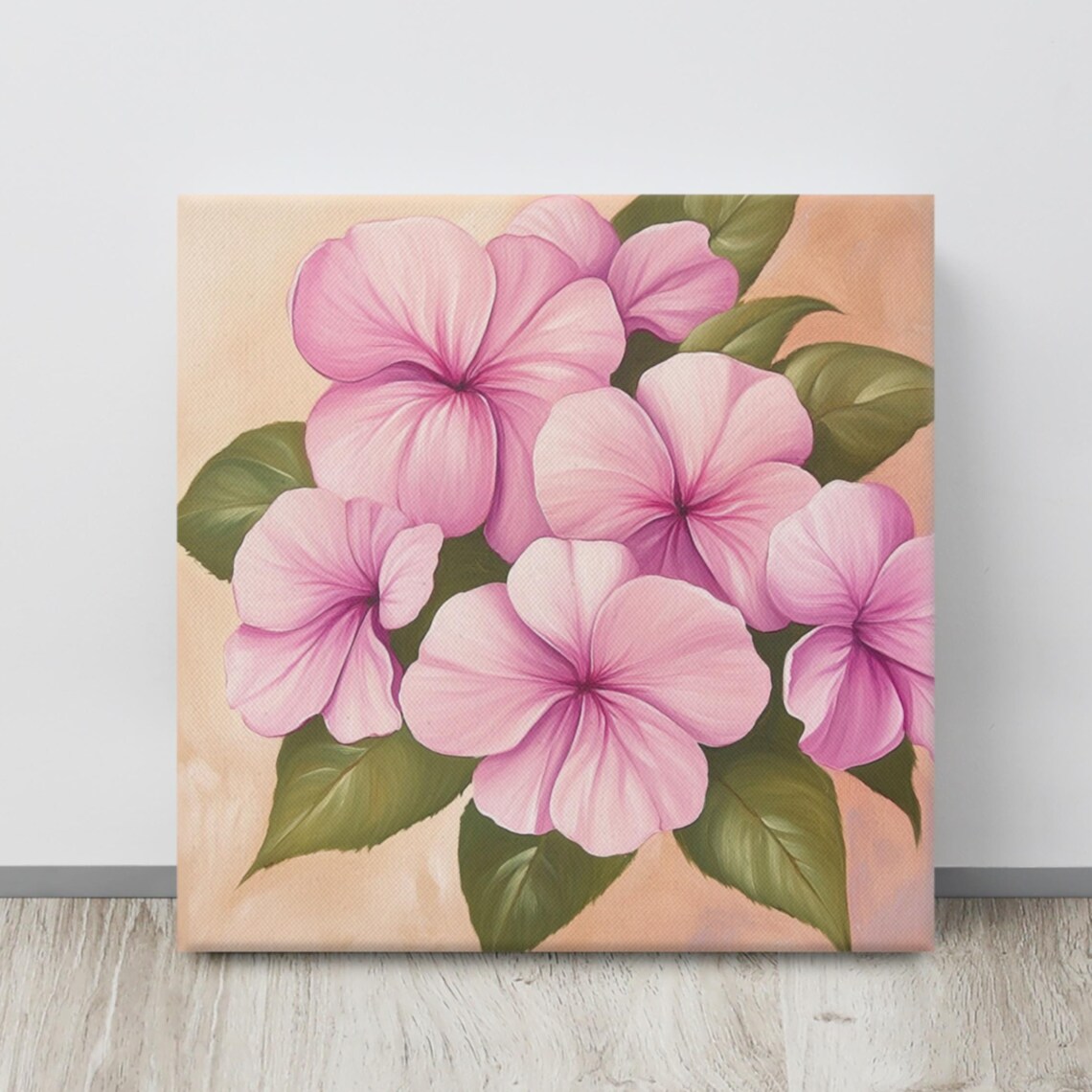 Pink Impatiens Cluster Lush Green Leaves Floral Painting Print