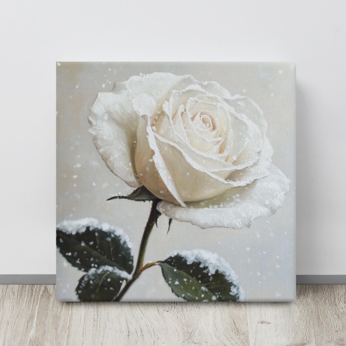White Rose Frost Snowflakes Winter Scene Painting Art Poster