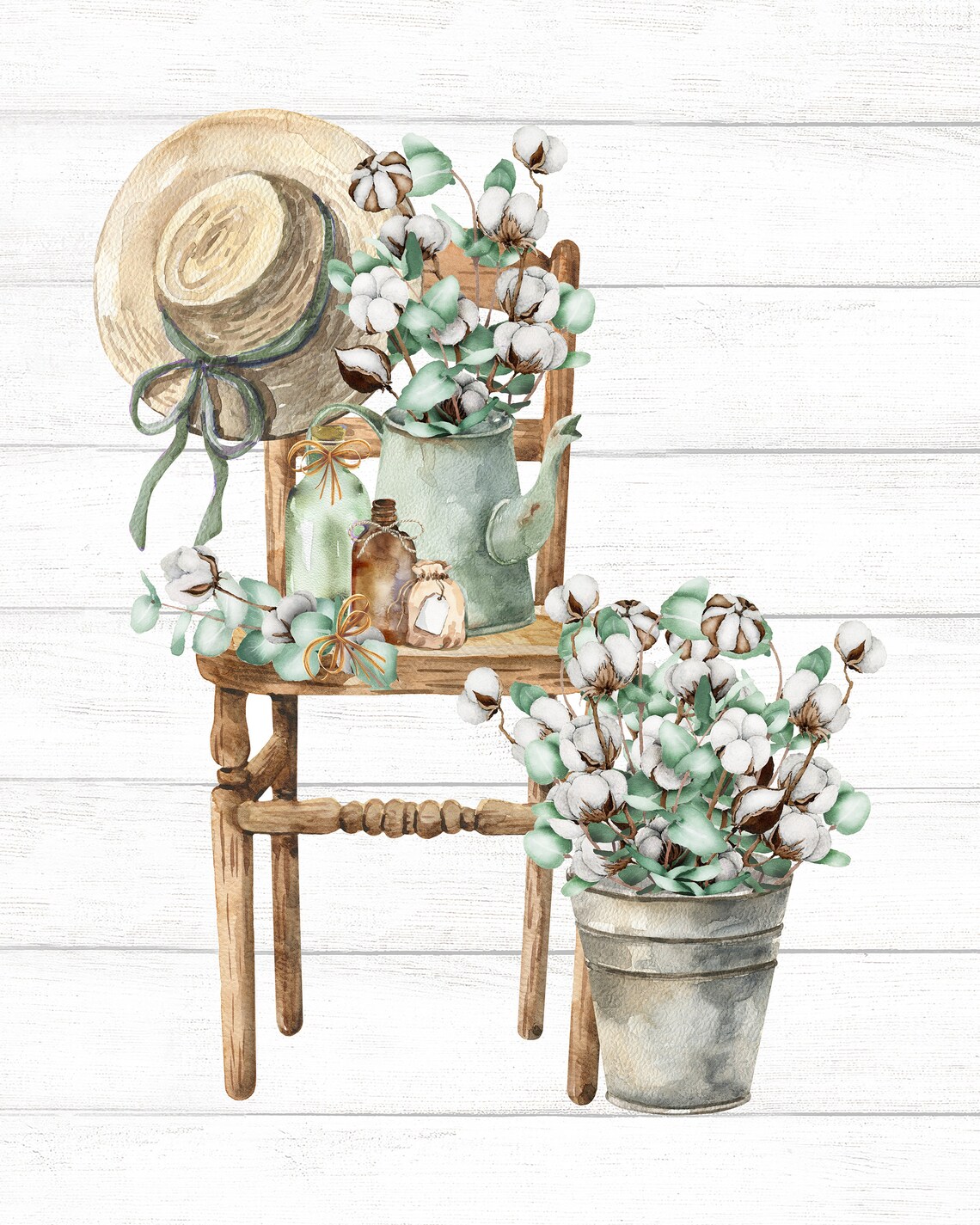 Rustic Chair Eucalyptus Cotton Watering Can Farmhouse Wall Art - Image 2