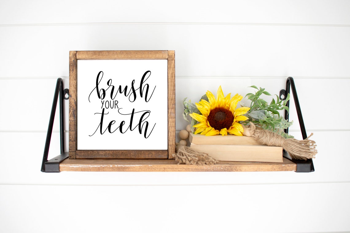 Brush Your Teeth Script Rustic Bathroom Wall Sign Farmhouse Poster