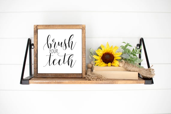 Brush Your Teeth Script Rustic Bathroom Wall Sign Farmhouse Poster