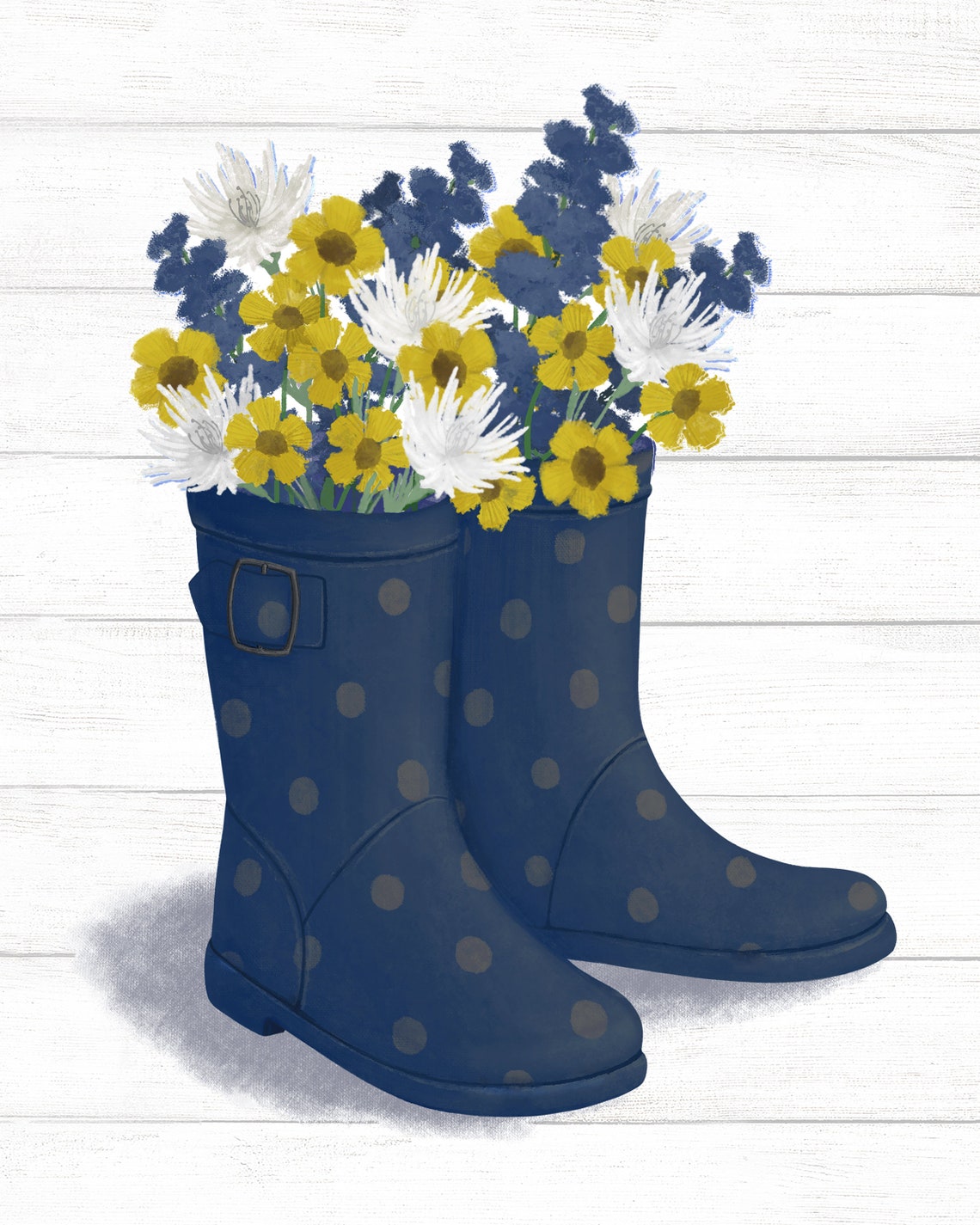 Navy Rain Boots Polka Dots With Flowers Bathroom Wall Poster - Image 2