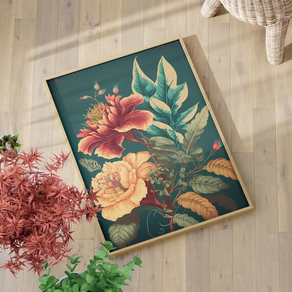 Colorful 80s Vintage Botanical Art Print Or Canvas Unique Retro Home Decor Classic Floral Illustration Poster Office