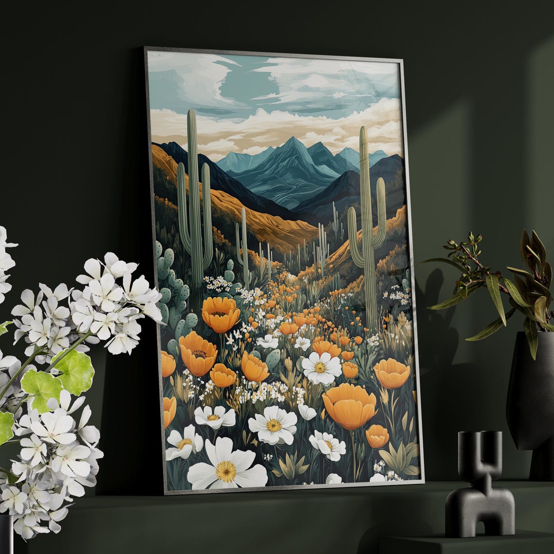 Desert Saguaro Cacti Orange Poppies Blue Mountains Landscape Poster