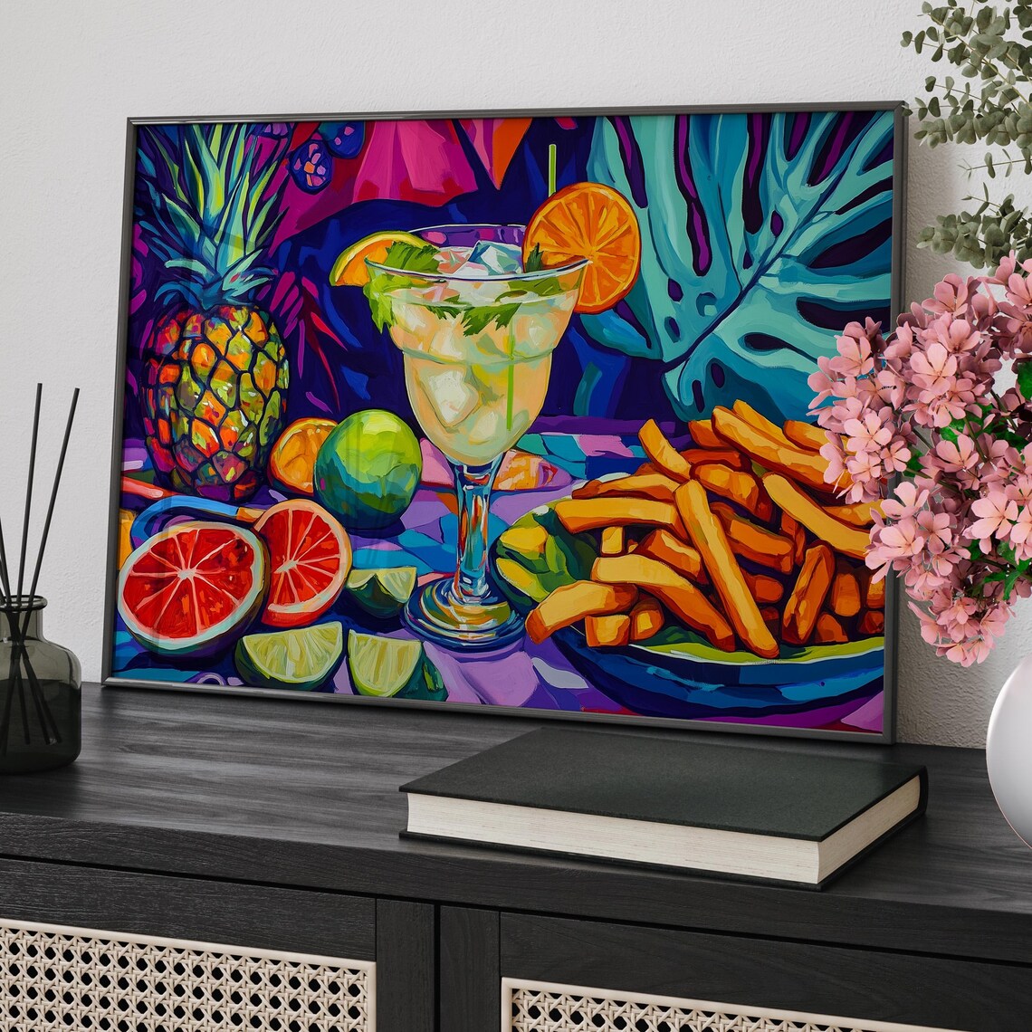 Vibrant Margarita Cocktail And Fries Colorful Kitchen Art Poster