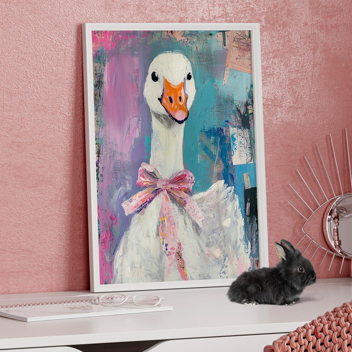 White Goose Wearing Pink Bow Colorful Pop Art Bird Portrait Poster