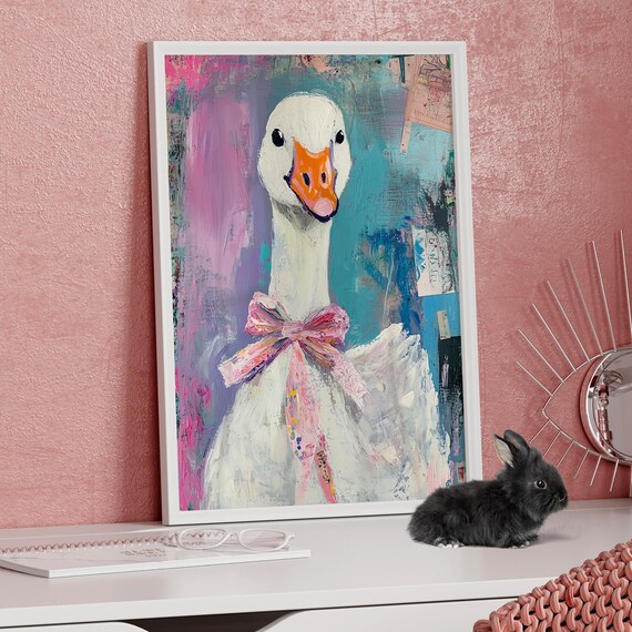 Goose Portrait Pastel Retro Painting Poster Or Print Farm Animal Wall Art Duck Portrait Vintage Cute Goose With Pink Bow Wall Art