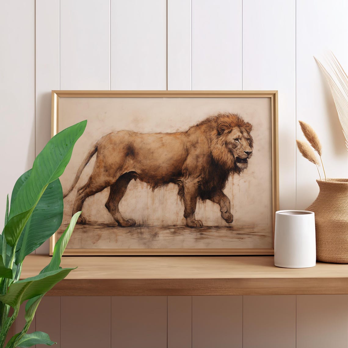 Antique Style Walking Lion Realistic Wildlife Safari Art Poster