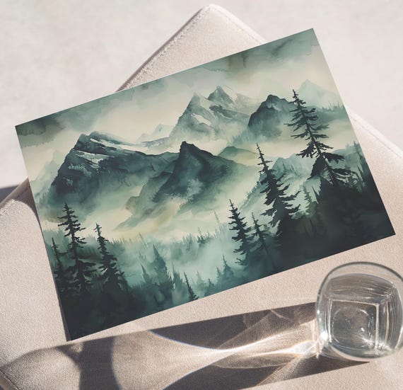 Watercolor Misty Mountain Range And Pine Trees Poster Or Canvas Dark Green Nature Print Forest Art Appalachian Mountains Wall