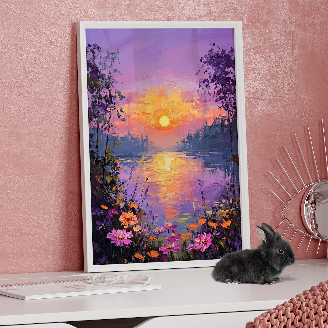 Purple Sunset River Cosmos Flowers Impasto Oil Painting Poster