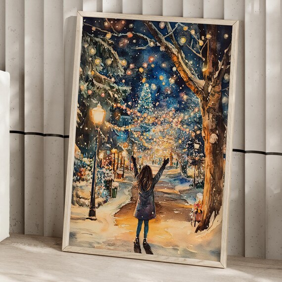 Girl Under Christmas Lights Snowy Street Cinematic Winter Watercolor Poster