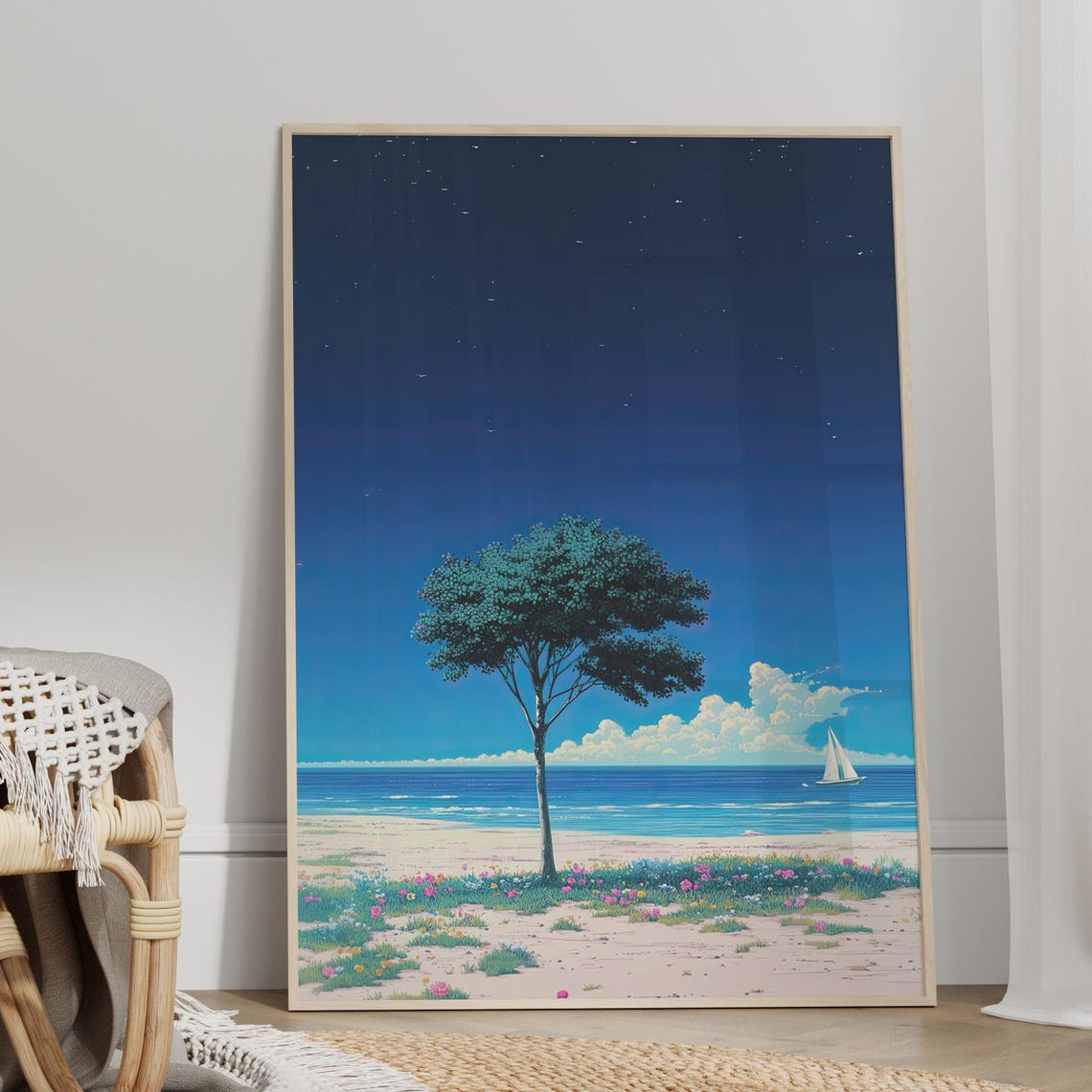 Starry Night Lone Tree Beach Wildflowers Sailboat Coastal Poster