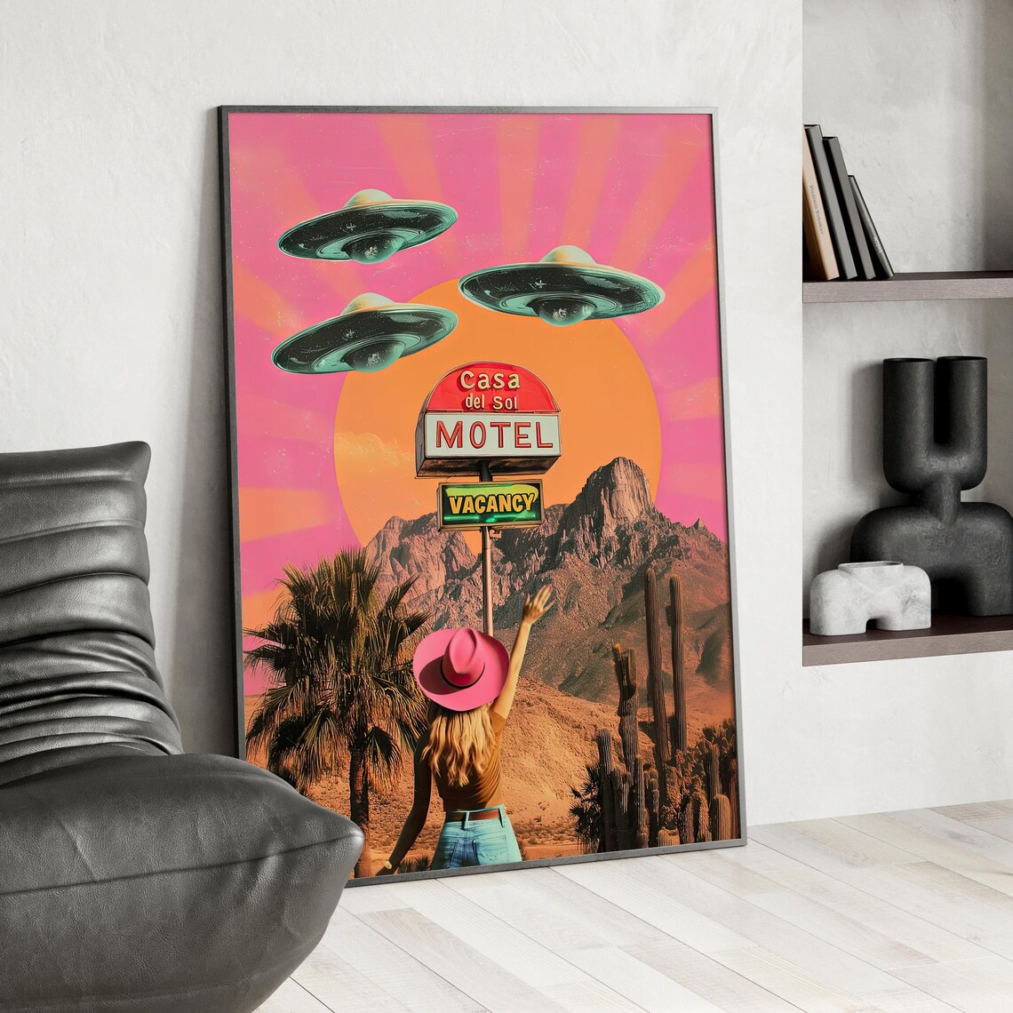 UFO Casa Del Sol Motel Cowgirl Retro Desert Sunset Collage Poster - Image 3
