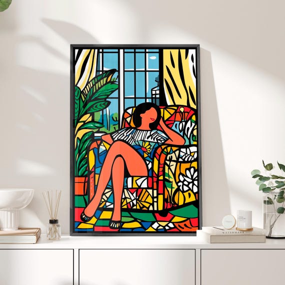 Colorful Boho Woman Bold Black Line Art Print Poster Or Canvas Fauvism Style Henri Matisse Inspired Wall Modern Botanical
