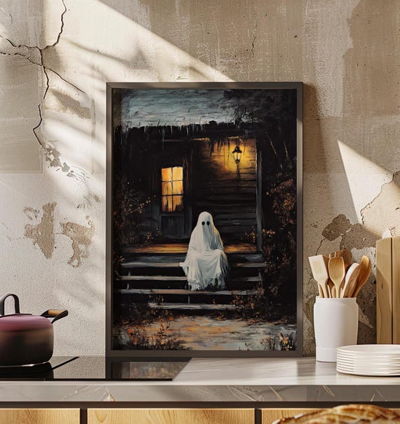 Sheet Sitting On The Porch Rustic Oil Painting Poster Or Canvas Print Creepy Moody Spooky Halloween Wall Decor
