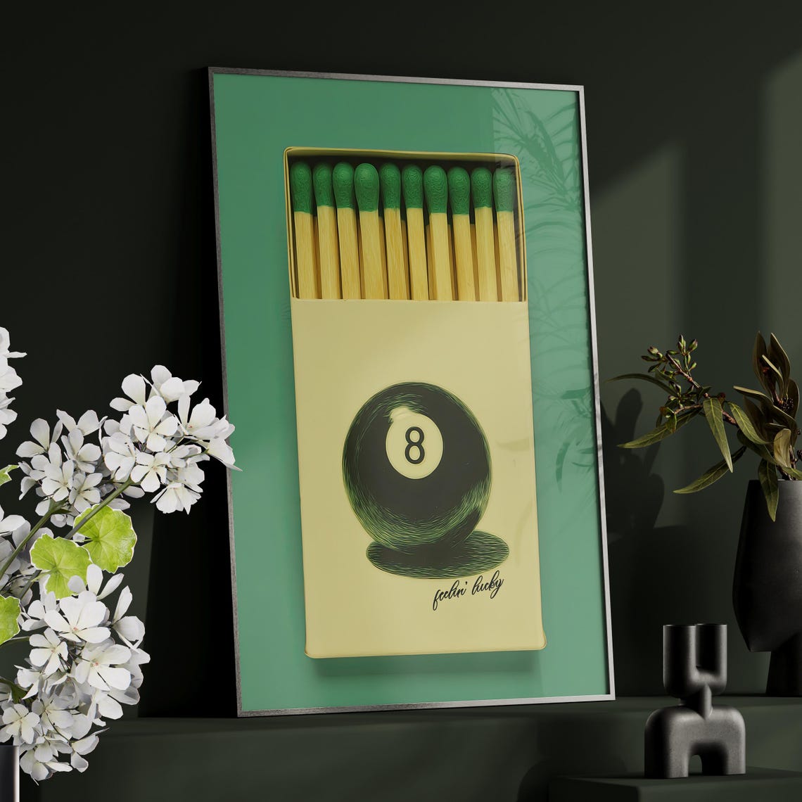 Feelin Lucky 8 Ball Matchbox Green Tips Fun Sage Retro Poster
