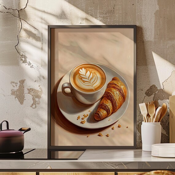 Caffe Latte Art and Croissant Vintage Oil Painting Kitchen Poster