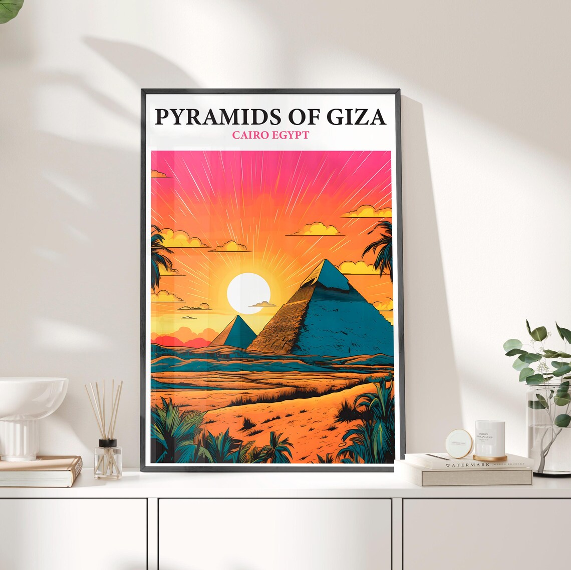 Pyramids Of Giza Cairo Egypt Vibrant Sunset Desert Travel Poster