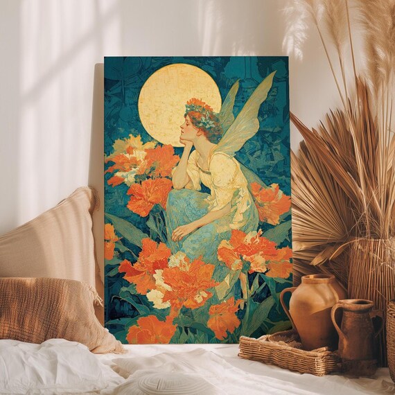 Fairy Woman With Moon Among Orange Flowers Art Nouveau Poster
