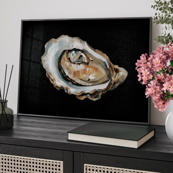 Single Oyster Shell Oil Painting on Black Coastal Kitchen Wall Art