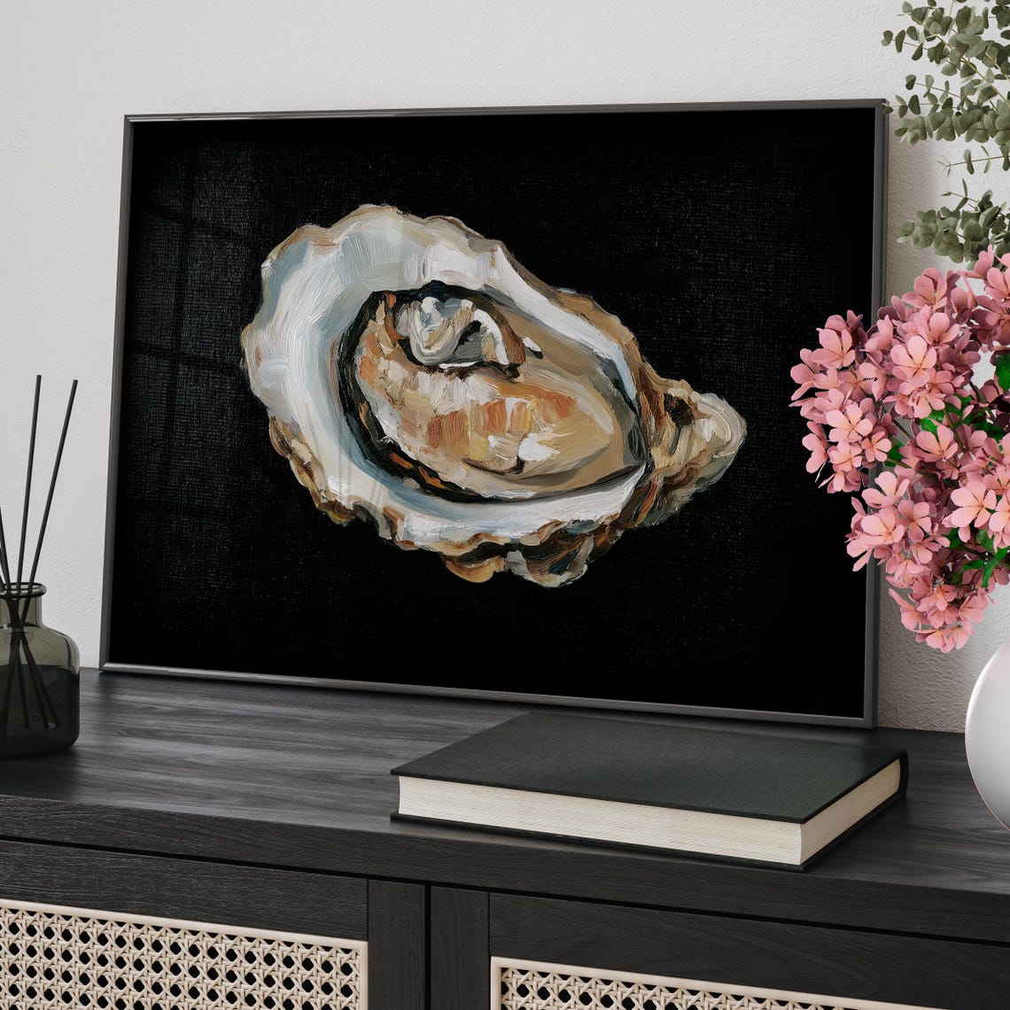 Single Oyster Shell Oil Painting on Black Coastal Kitchen Wall Art