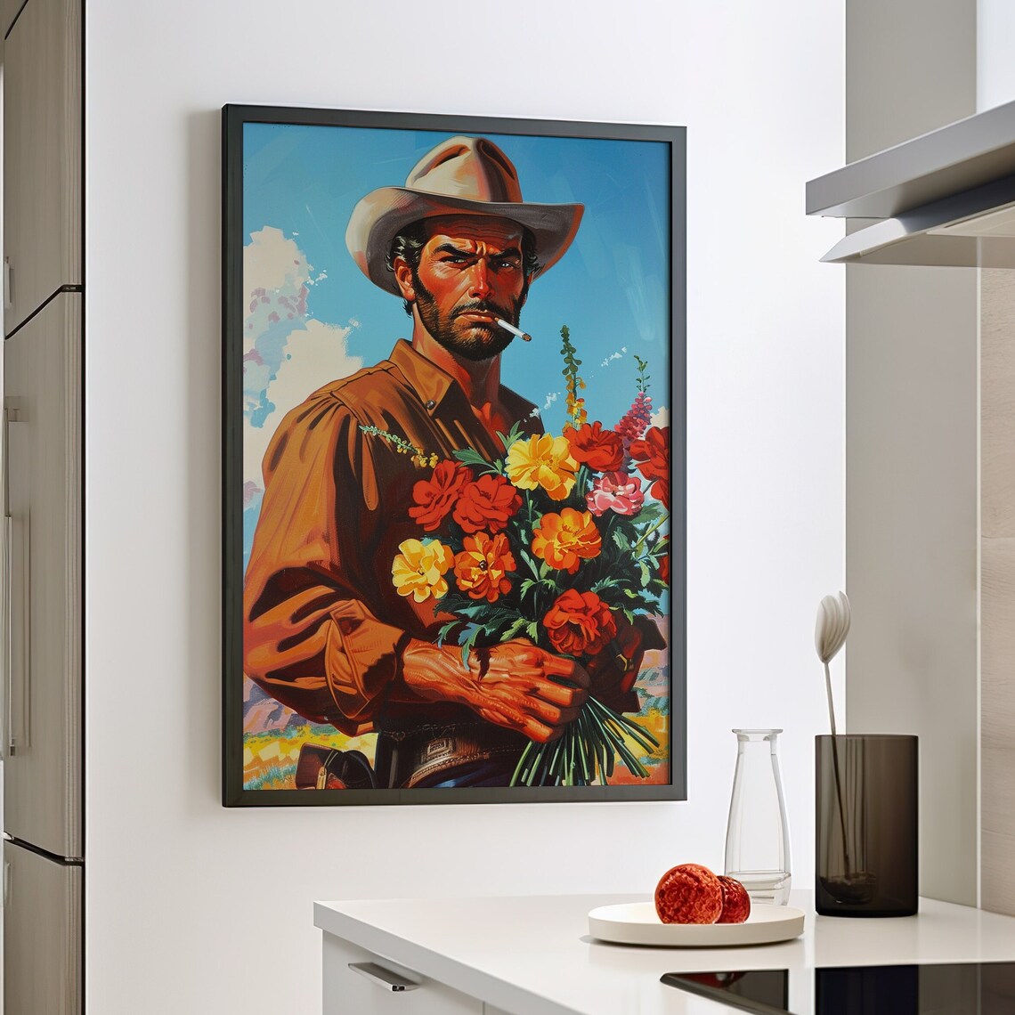Cowboy Holding Flower Bouquet Retro Western Painting Art Poster