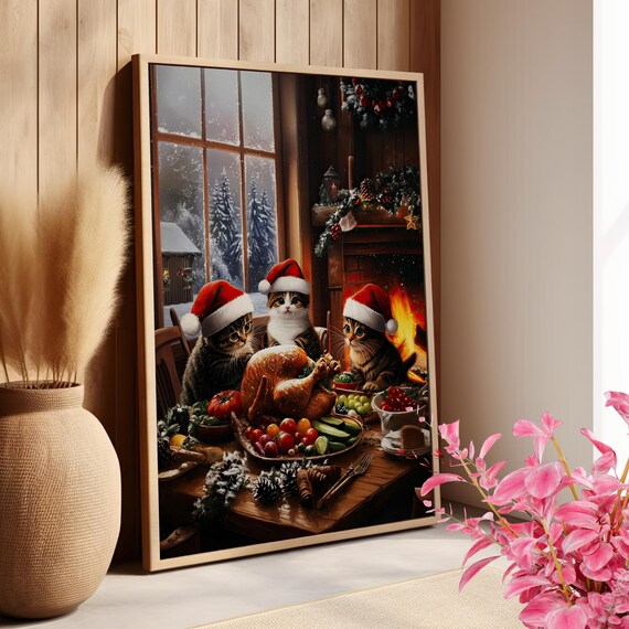 Three Cats in Santa Hats at Christmas Feast Table Festive Wall Art