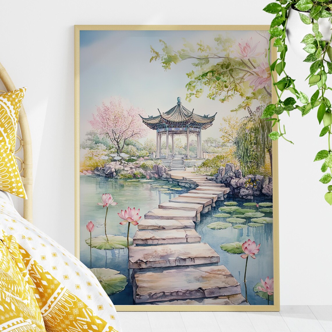 Ancient Chinese Pavilion Lotus Lake Watercolor Landscape Poster