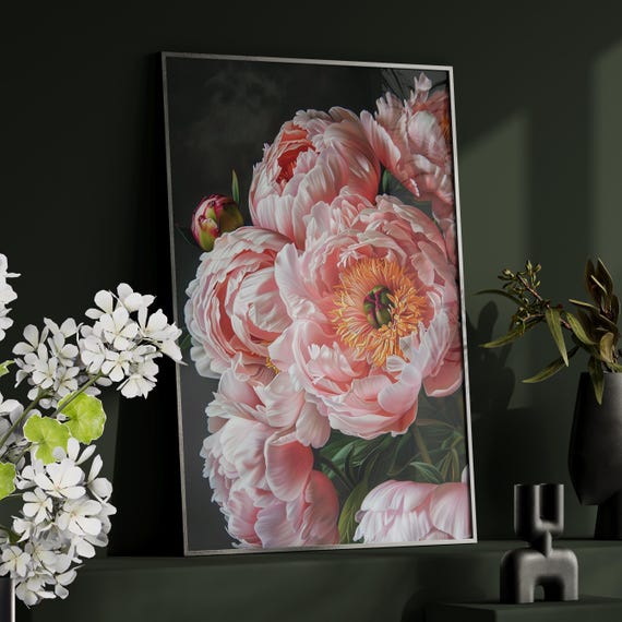 Pink Peony Flowers Contemporary Oil Painting Art Print Or Canvas Moody Peonies Vintage Botanical Poster