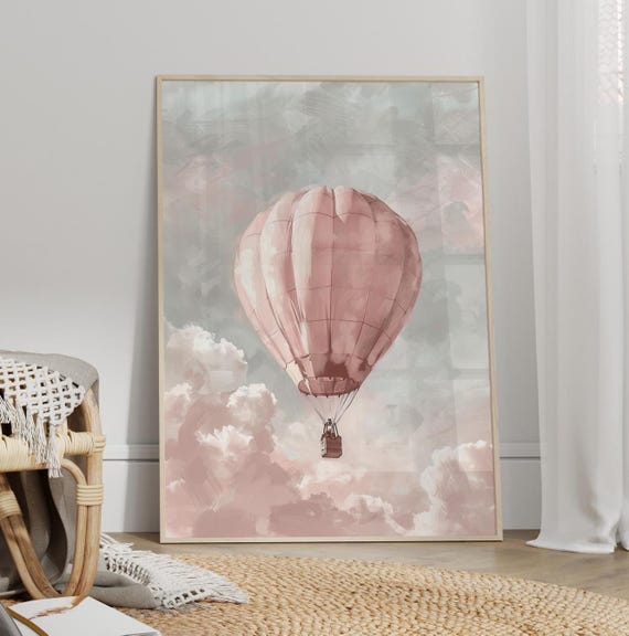 Pink Hot Air Balloon Floating In The Sky Cloudy Whimsical Wall Art Nursery Poster Or Canvas Print Girls Room Decor