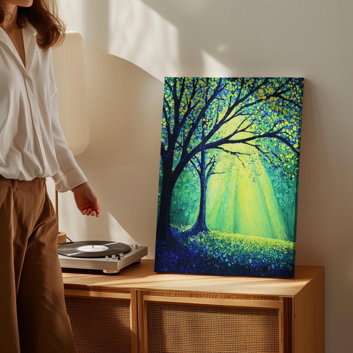 Sunlit Forest Trees Golden Light Through Leaves Painting Poster - Image 2
