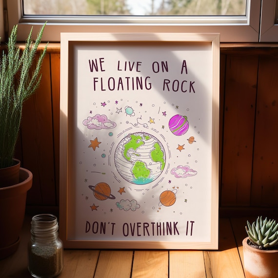 Floating Rock Space Positive Quote Doodle Typography Art Poster