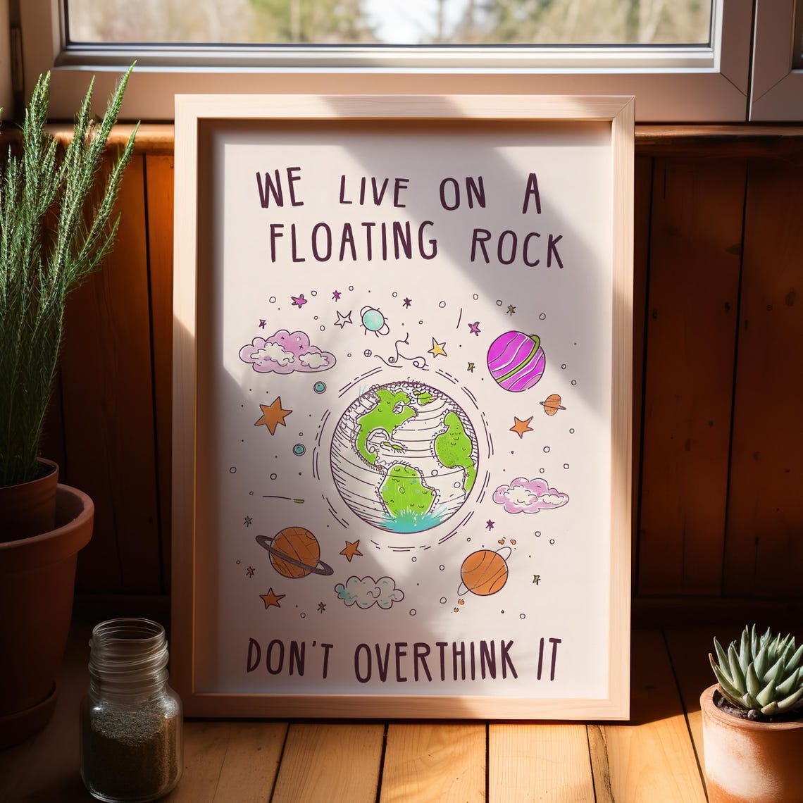 Floating Rock Space Positive Quote Doodle Typography Art Poster