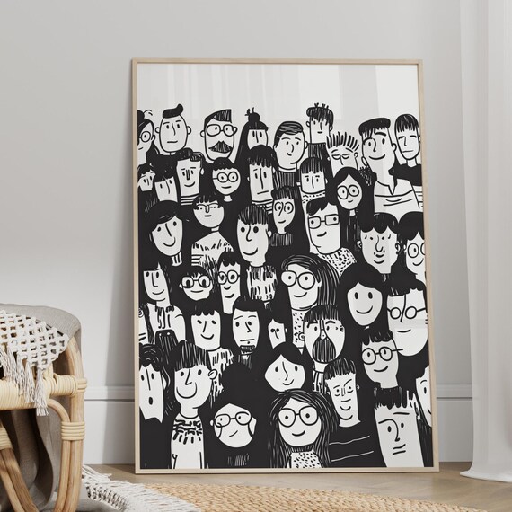 Doodle People Hand Drawn Illustration Wall Art Poster Or Canvas Print Black And White Crowd Of Vector Line Kids
