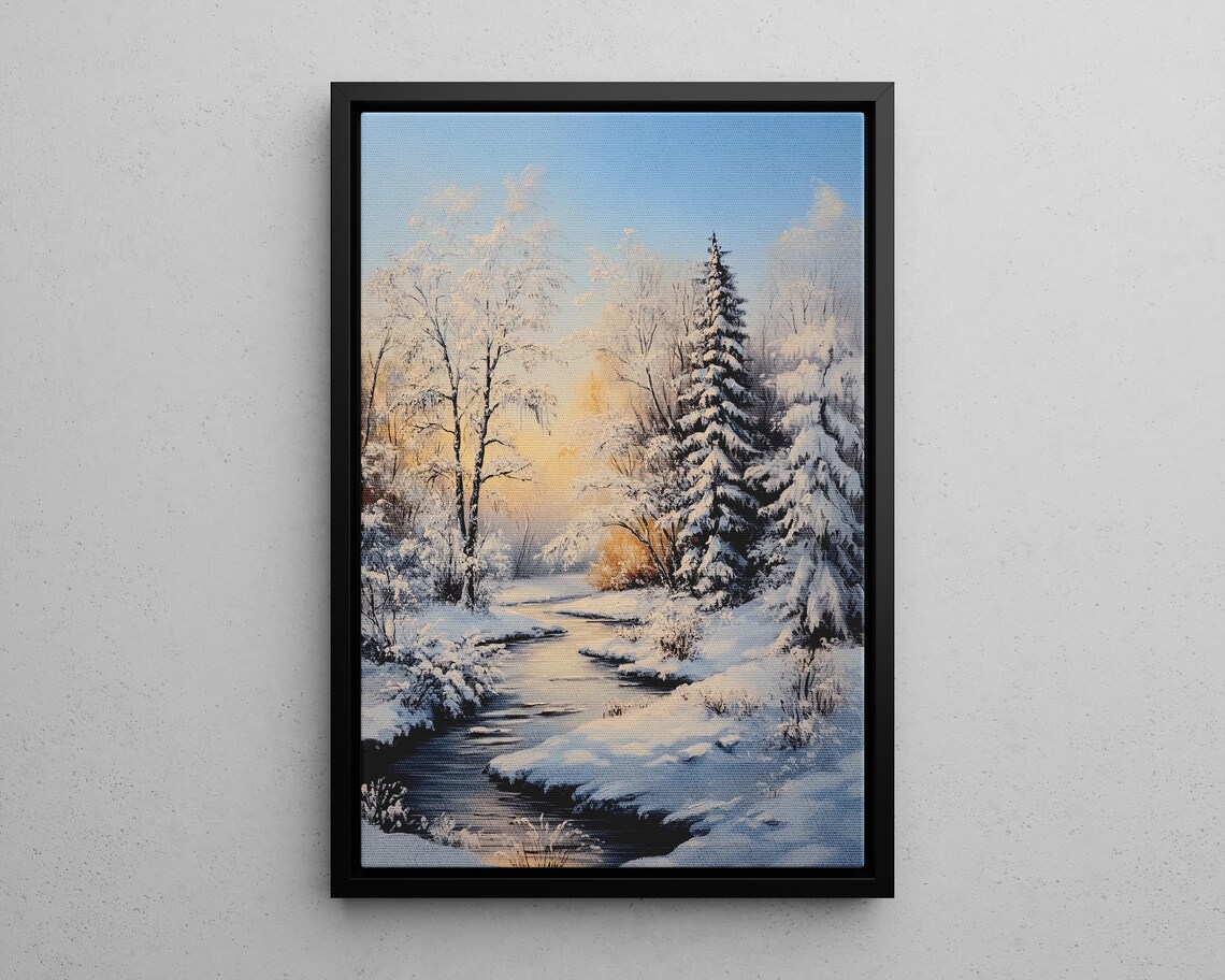 Snowy River Winter Forest Painting Frosty Sunrise Scene Poster