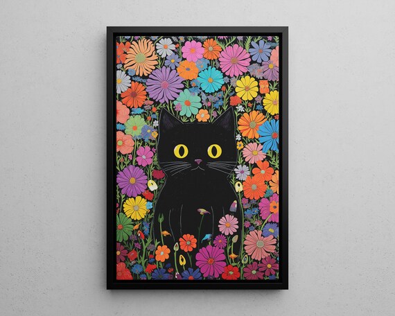 Black Cat In Colorful Flower Field Whimsical Botanical Poster