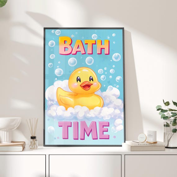 Bath Time Rubber Duck Illustration Poster Or Canvas Print Cute Bathroom Sign Playful Art Kids Wall Funny Duckling