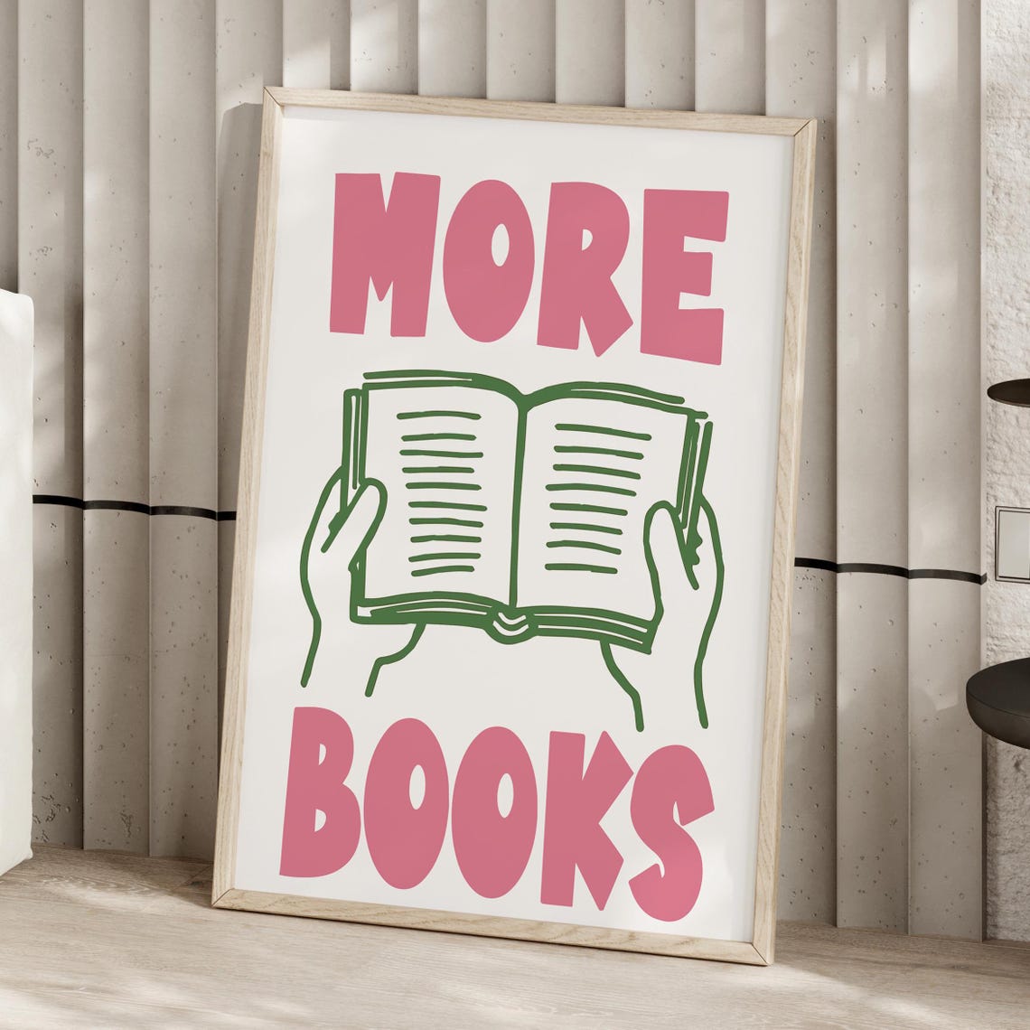 More Books Pink Bold Typography Open Book Library Reading Poster