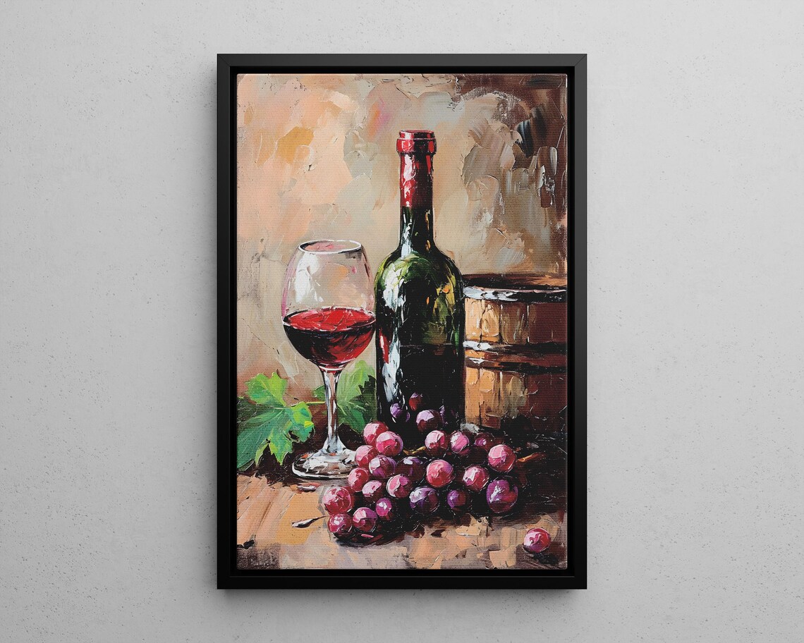 Red Wine Bottle Glass And Grapes Still Life Oil Painting Art Poster