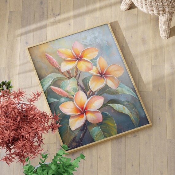 Peach Orange Plumeria Blossoms Oil Painting Tropical Art Poster