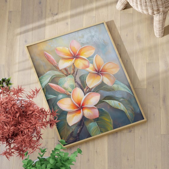 Peach Orange Plumeria Flowers Oil Painting Poster Or Canvas Elegant Nature Art Print Hawaiian Flower Gift For Her Floral Home Decor