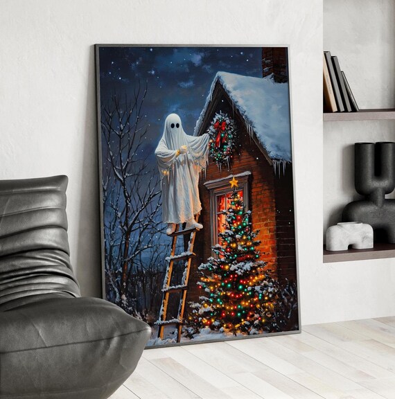 Ghost Hanging Christmas Lights Snowy Night Spooky Season Poster