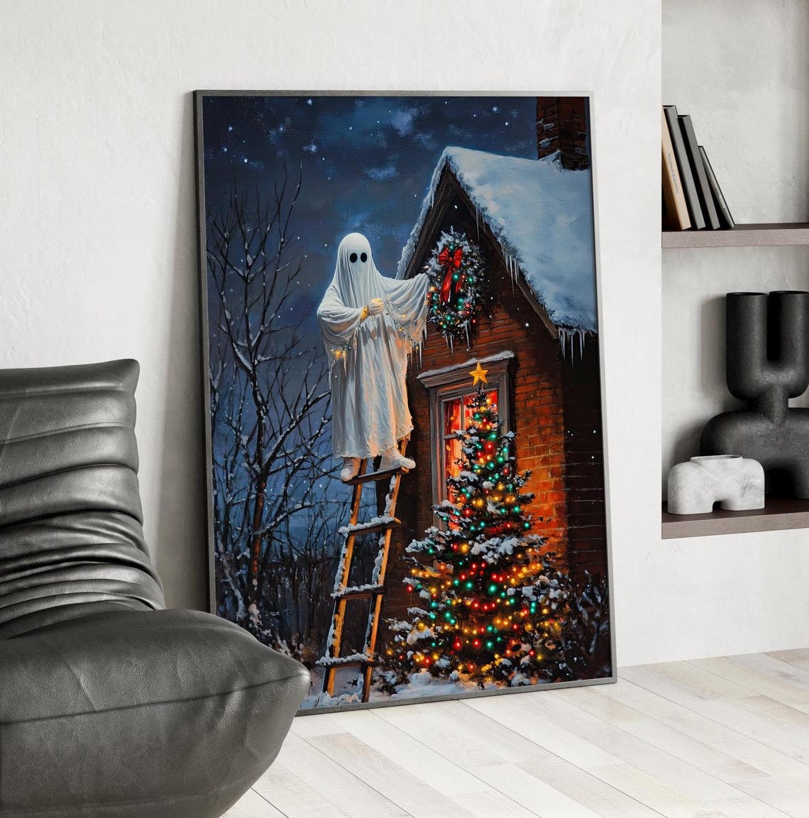 Ghost Hanging Christmas Lights Snowy Night Spooky Season Poster