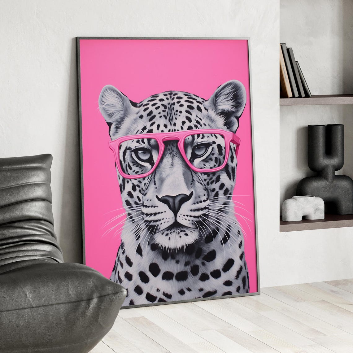 Leopard With Pink Glasses Maximalist Girly Dorm Animal Wall Art