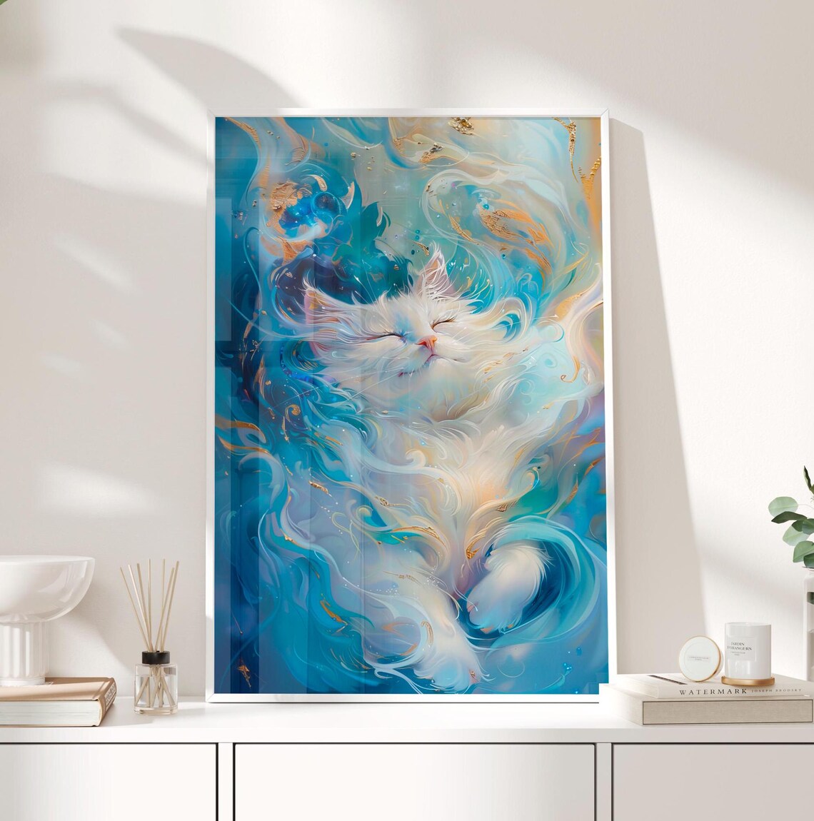 Ethereal White Cat Blue Swirls Fantasy Dreamlike Animal Poster